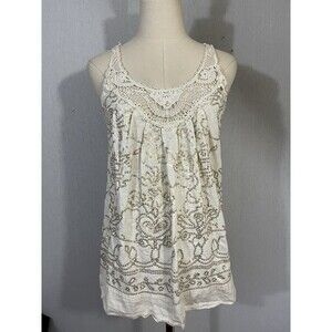 C.Keer Anthropologie M Floral Sequin Lace Crochet Beige Tank Top Boho